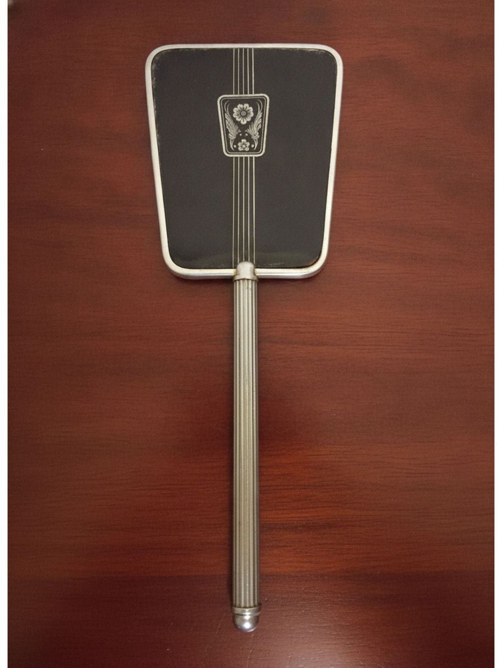 Vintage Art Deco Hand Mirror - Black Enamel & Silver-Tone Fluted Handle